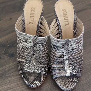 SCHUTZ Women's Snakeskin Mules - Black and Gray